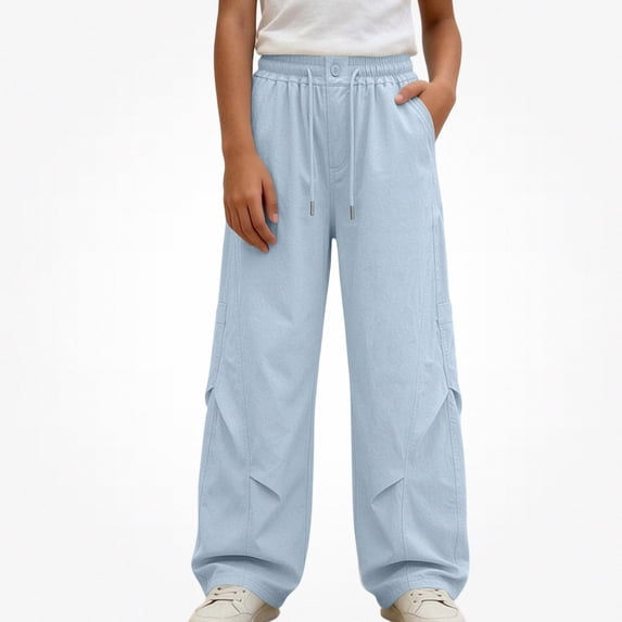 SGFCWSX Girls Wide Leg Pants, Elastic Drawstring Waist Loose Fit Casual Trousers with Pockets for Streetwear Daily Outfits Blue Size 9