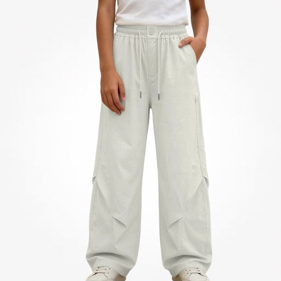 SGFCWSX Girls Wide Leg Pants, Elastic Drawstring Waist Loose Fit Casual Trousers with Pockets for Streetwear Daily Outfits Gray Size 5T