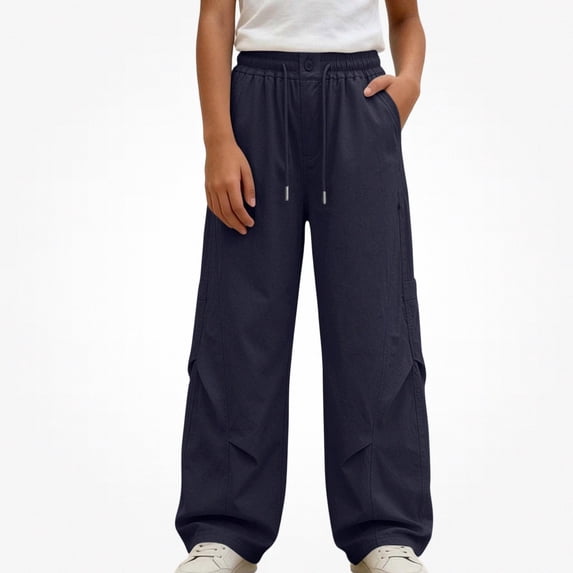 SGFCWSX Girls Wide Leg Pants, Elastic Drawstring Waist Loose Fit Casual Trousers with Pockets for Streetwear Daily Outfits Navy Size 13