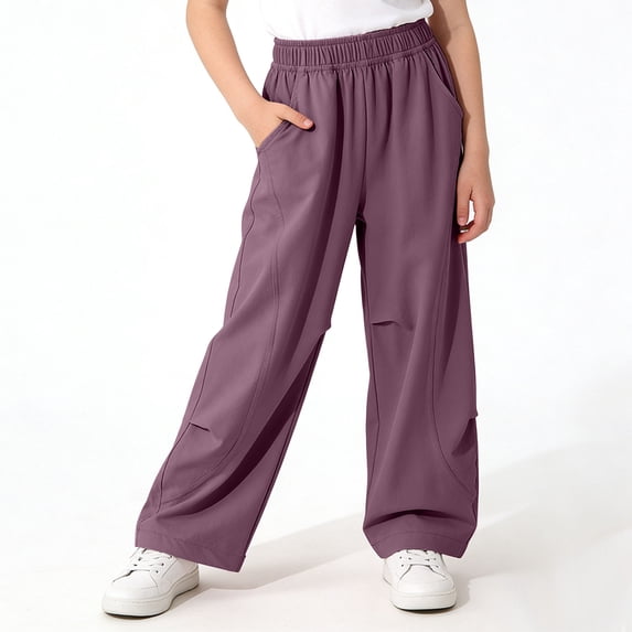 SGFCWSX Girls Wide Leg Pants Elastic Waist Loose Fit Casual Trousers with Pockets for Kids Purple Size 5 Years