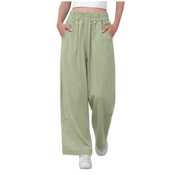 SGFCWSX Girls Wide Leg Pants Elastic Waist with Pockets Loose Fit Casual Teens Trousers Daily Wear Green Size 15-16 Years