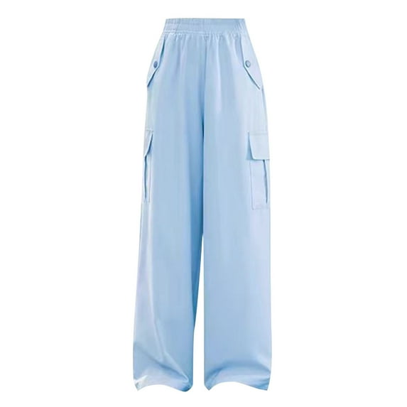 SGFCWSX Girls Cargo Pants with Pockets High Elastic Waist Wide Leg Trousers for Teen Casual Daily Wear Pant Sky Blue Size 13 Years