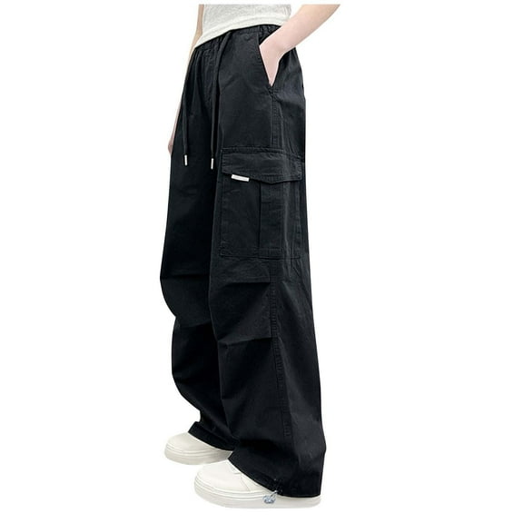 SGFCWSX Girls Wide Leg Pants High Elastic Waist Cargo Trousers with Pockets for Teen Ruffle Trendy Pant Black Size 13 Years