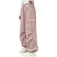 thumbnail image 1 of SGFCWSX Girls Cargo Pants with Pockets High Elastic Waist Wide Leg Trousers for Teen Trendy Ruffle Pant Pink Size 15 Years, 1 of 4
