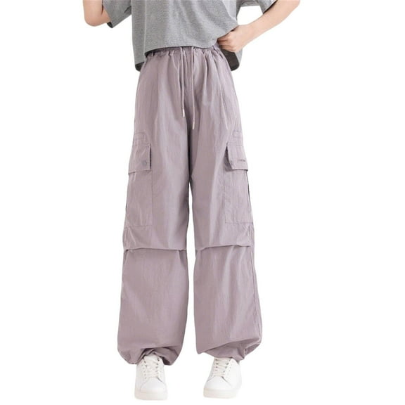 SGFCWSX Girls Wide Leg Pants with Pockets Cargo High Elastic Waist Trousers for Teen Solid Color Trendy Pant Purple Size 12 Years