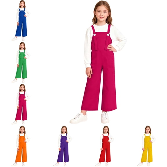 SGFCWSX Girls Wide-Leg Suspender Pants, Kids School Pants Casual Button Daily Overalls Hot Pink Size 11-12 Years