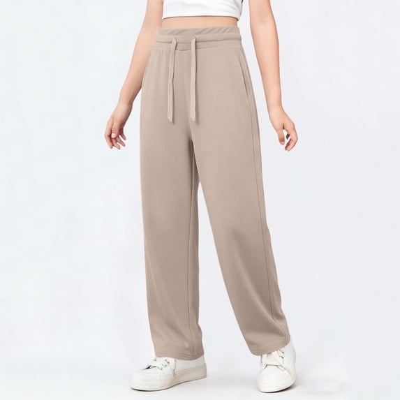 SGFCWSX Girls Wide Leg Sweatpants Drawstring Elastic Waist Casual Pants with Pockets for Kids Khaki Size 4-5 Years