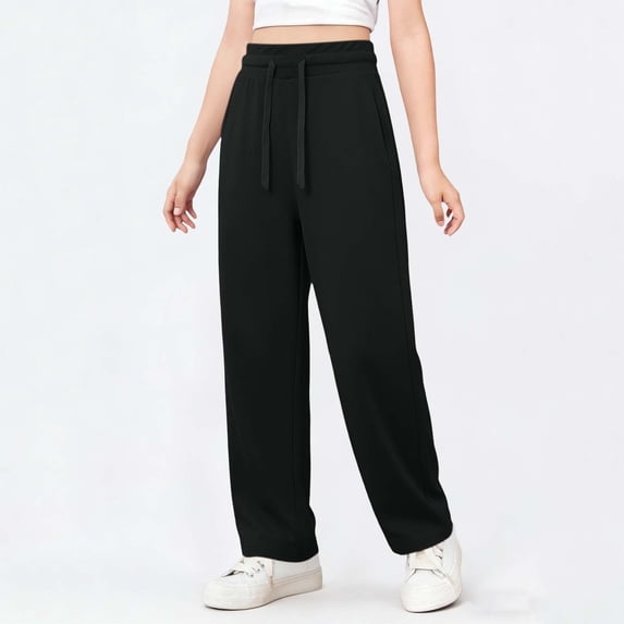 SGFCWSX Girls Wide Leg Sweatpants Drawstring Elastic Waist Casual Pants with Pockets for Teens Black Size 12-13 Years