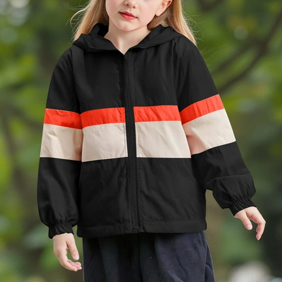 SGFCWSX Girls Windbreaker Jacket with Hood Kids Waterproof Coat Color Block Lightweight Jackets Black Size 4 Years