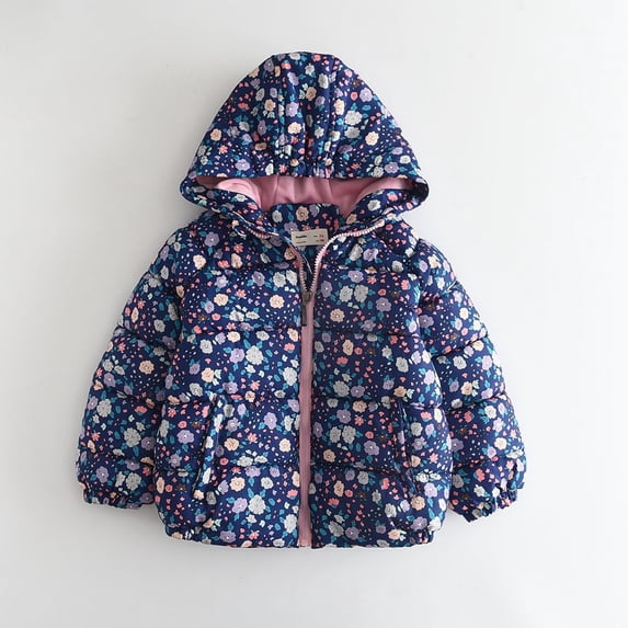 SGFCWSX Girls Winter Jacket Hooded Printed Fleece Lined Warm Insulated Puffer Quilted Padded Soft School Snow Outwear Dark Blue Size 10