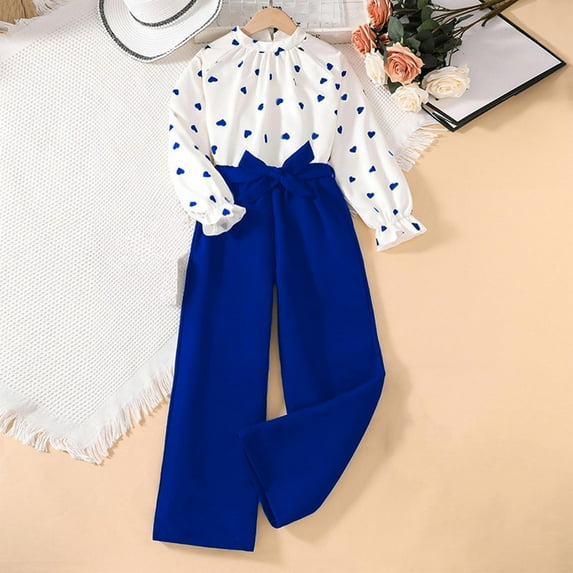 SGFCWSX Girls Winter Set Kids 2 Piece Outfits Bow Waist Shirt and Wide Leg Pants Sets Blue Size 11 Years