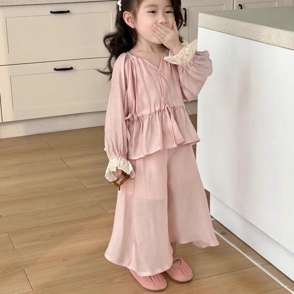 SGFCWSX Girls Winter Set Kids 2 Piece Outfits V Neck Ruffle Top and Wide Leg Pants Sets Pink Size 9 Years