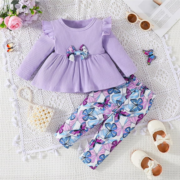 SGFCWSX Girls Clothes Outfits Fall Toddler 2 Piece Set Ribbed Ruffle Top and Printed Leggings Sets Purple Size 18M