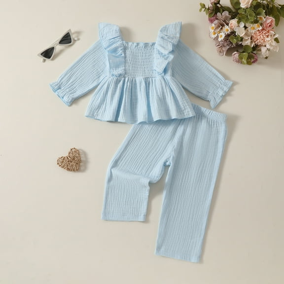SGFCWSX Girls Winter Set Toddler 2 Piece Outfits Ruffled Top and Wide Leg Pants Sets Light Blue Size 2-3T