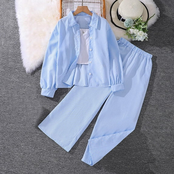 SGFCWSX Girls Winter Set Toddler 2 Piece Outfits Striped Shirt and Pants Sets Sky Blue Size 9 Years