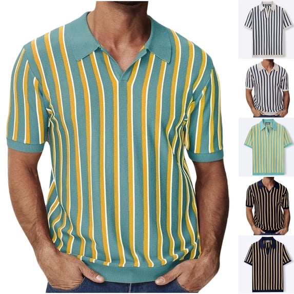 SGFCWSX Golf Polo Shirts for Men Knit Relaxed Fit Short Sleeve Striped V-Neck Casual Business Top Blue Size XL
