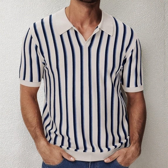 SGFCWSX Golf Polo Shirts for Men Relaxed Fit Knit Short Sleeve Striped V-Neck Casual Business Top Beige Size L