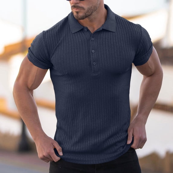 SGFCWSX Golf Polo Shirts for Men Ribbed Knit Short Sleeve Lightweight Slim Fit Casual Business Top Navy Size L