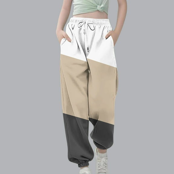 SGFCWSX Jogger Pants for Girls Elastic Waist Drawstring Fashion Print Tapered Leg Soft Sweatpants Beige Size 7-8Years