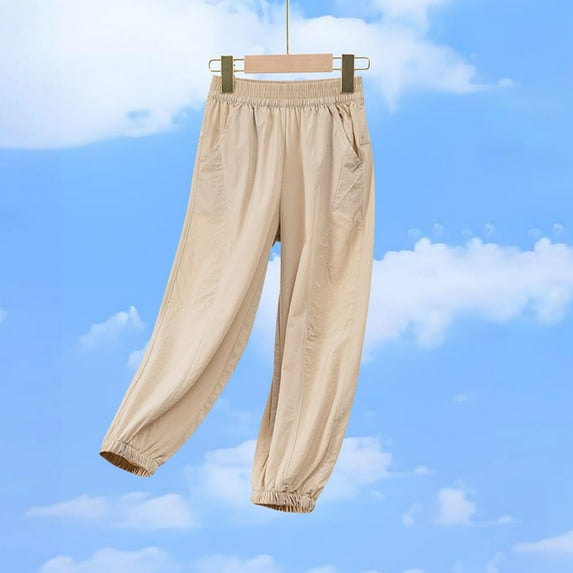 SGFCWSX Jogger Pants for Girls Elastic Waist Solid Color Tapered Leg Soft Sweatpants Summer Khaki Size 5 Years