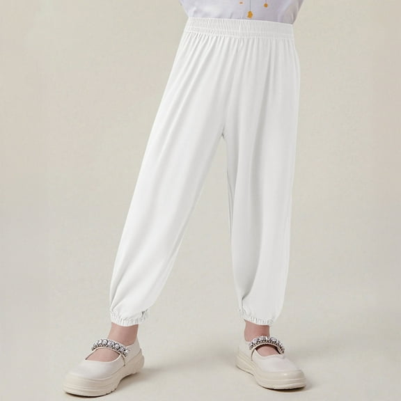 SGFCWSX Jogger Pants for Girls Elastic Waist Solid Color Tapered Leg Soft Sweatpants White Size 9-10Years