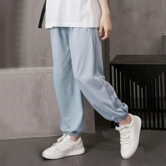 SGFCWSX Jogger Pants for Girls Solid Color Thin Stripe Tapered Leg Loose Soft Cargo Pants Blue Size 7 Years