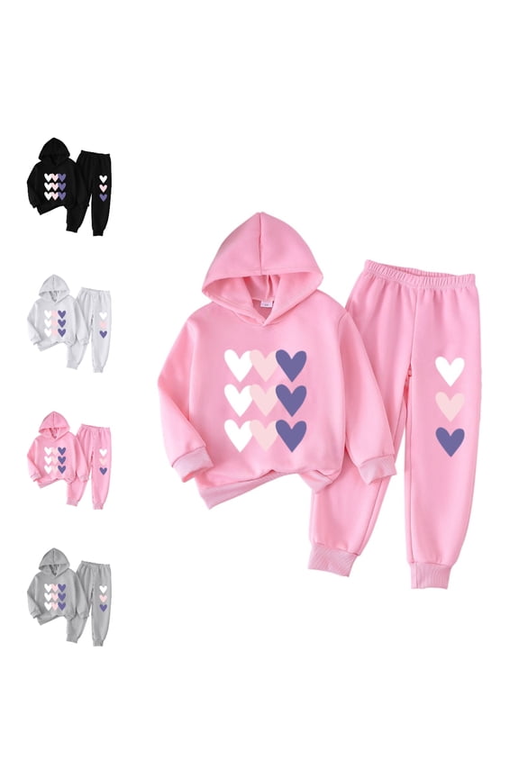 Kids 2 Piece Outfit Girls Hoodie and Sweatpants Set Casual Heart Print Tracksuit Pink Size 7-8 Years