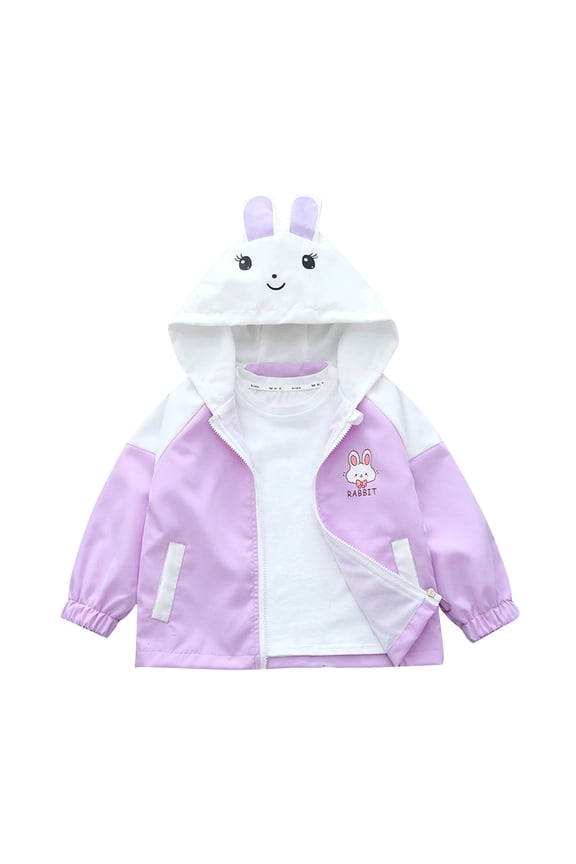 Kids Bunny Ear Hooded Jacket Girls Color Block Cute Embroidered Zip Up Fall Spring Outerwear Coat Purple Size 4-6 Years