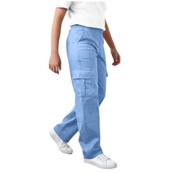SGFCWSX Kids Cargo Pants Elastic Waist Multi Pockets Straight Leg Casual Daily Wear for Boys Girls Light Blue Size 12