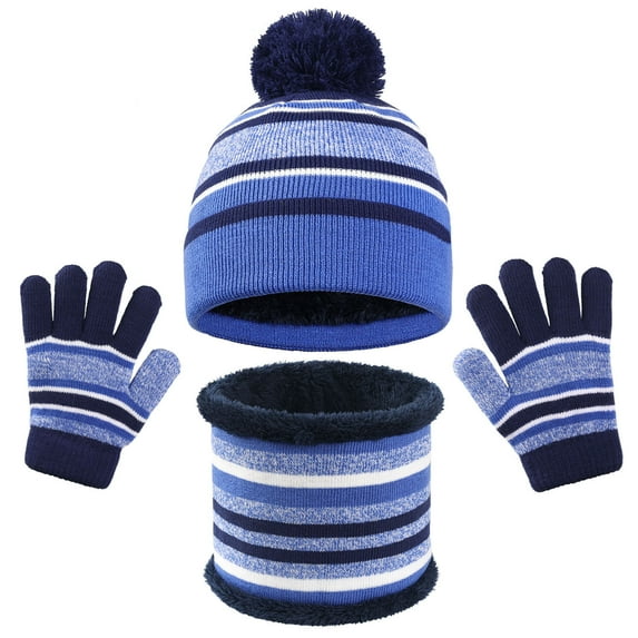 SGFCWSX Kids Cold Weather Hat Scarf Gloves Set Boys and Girls Fleece Lined Knit Ribbed Gloves Child Beanie Warm Caps 3 Piece Sets Blue Free Size
