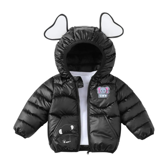 SGFCWSX Kids Cute Ears Puffer Jacket Boys Girls Warm Shiny Winter Coat with Cute Print Black Size 5 Years