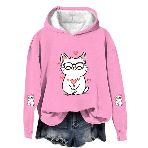 SGFCWSX Kids Cute Heart Print Hoodie Valentine's Day Sweatshirts for Girls Long Sleeve Hooded Pullover Casual Tops Pink Size 5-6Years