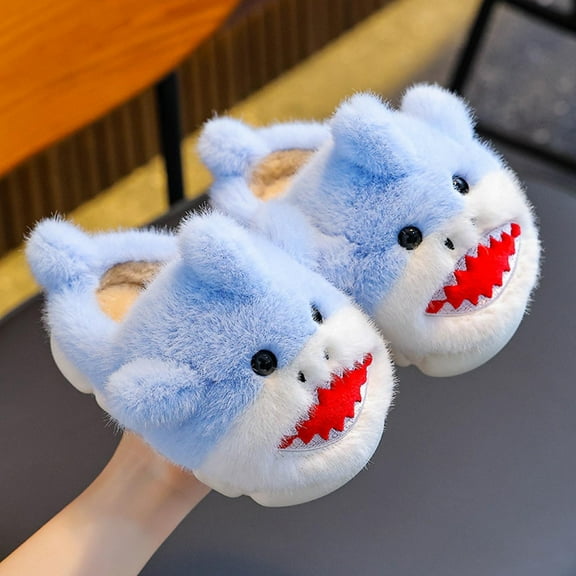 SGFCWSX Kids Fuzzy Shark Slippers Warm Indoor Footwear for Girls Boys Cute House Shoes Light Blue Size 5.5-6 Years