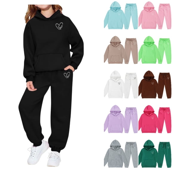 SGFCWSX Kids Heart Print Tracksuit Hooded Sweatshirt and Joggers Set for Girls 2 Piece Warm Casual Fleece Outfit Black Size 7-8 Years