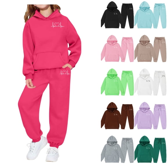 SGFCWSX Kids Heart Print Tracksuit Hooded Sweatshirt and Joggers Set for Girls Soft 2 Piece Fleece Casual Outfit Hot Pink Size 9-10 Years