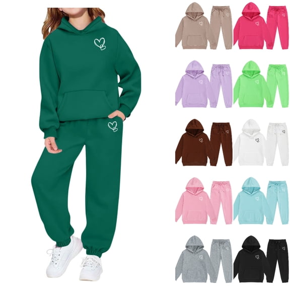 SGFCWSX Kids Heart Print Tracksuit Hooded Sweatshirt and Joggers Set for Girls Warm 2 Piece Casual Outfit Green Size 7-8 Years