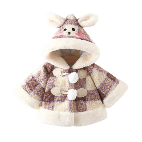 SGFCWSX Kids Hooded Coat with Cute Ear Girls Fleece Lined Plaid Print Toggle Warm Winter Jacket Purple Size 4-6 Months