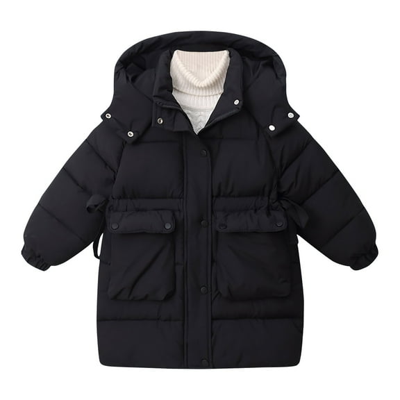 SGFCWSX Kids Mid-Length Hooded Puffer Coat Boys Girls Warm Winter Jacket with Pockets Black Size 5-6 Years