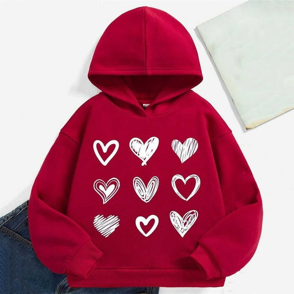 SGFCWSX Kids Oversized Hoodie Girls Lightweight Sweatshirt Fall Heart Print Pullover Top Red Size 2 Years