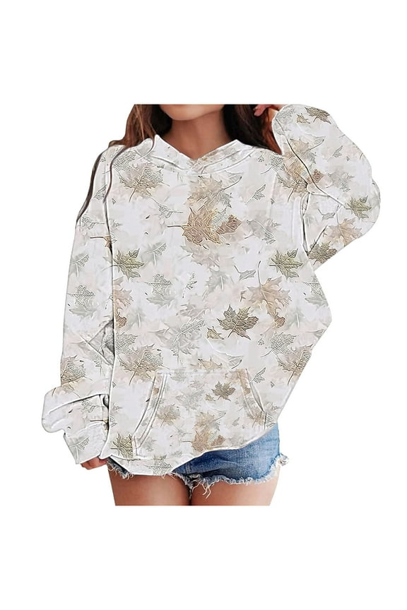 Kids Oversized Hoodie Girls Lightweight Sweatshirt Leaf Print with Pockets Soft Top White Size 7 Years