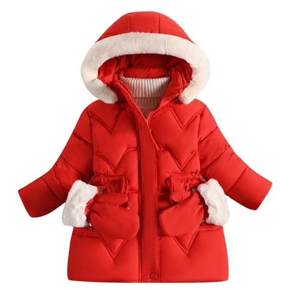 SGFCWSX Kids Puffer Coat with Fuzzy Hood and Mittens Pockets Girls Warm Quilted Winter Jacket Red Size 7-8 Years