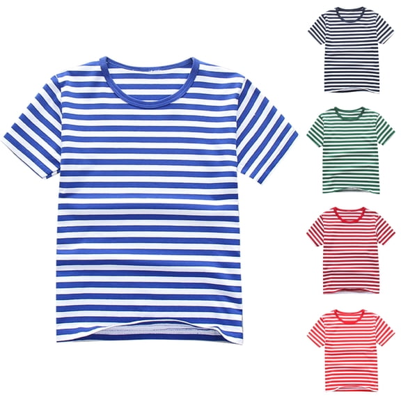 SGFCWSX Kids Short Sleeve T-Shirt, Boys Girls Crew Neck Regular Fit Striped Summer Tees Casual Soft Tops Dark Blue Size 5-6Years
