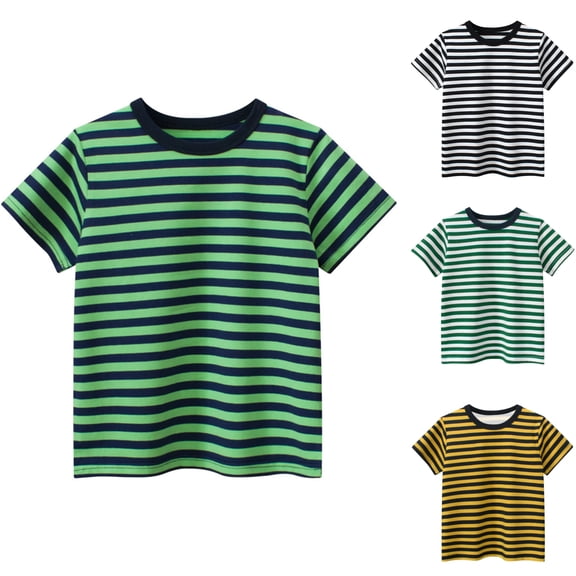 SGFCWSX Kids Short Sleeve T-Shirt, Boys Girls Regular Fit Crew Neck Summer Tees Striped Casual Soft Tops Green Size 7-8Years