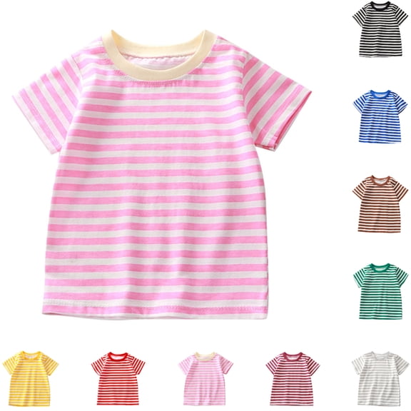 SGFCWSX Kids Short Sleeve T-Shirt, Girls Boys Cotton Summer Tees Regular Fit Striped Crew Neck Everyday Casual Tops Pink Size 8-9 Years