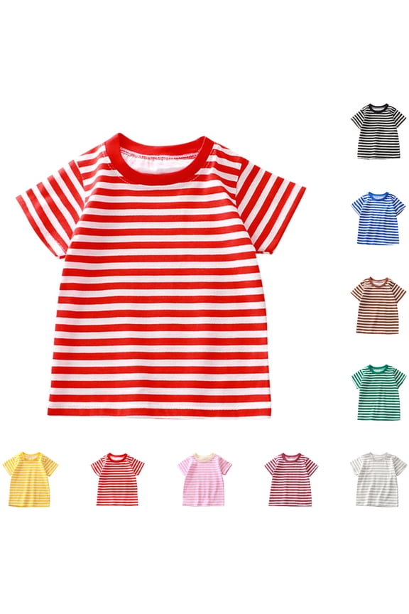 Kids Short Sleeve T-Shirt, Girls Boys Cotton Summer Tees Regular Fit Striped Crew Neck Everyday Casual Tops Red Size 8-9 Years