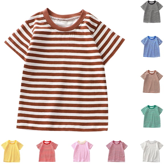 SGFCWSX Kids Short Sleeve T-Shirt, Girls Boys Regular Fit Striped Crew Neck Cotton Summer Tees Everyday Casual Tops Brown Size 8-9 Years