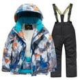 thumbnail image 1 of SGFCWSX Kids Ski Jacket and Suspender Pants Set 2 Piece Camouflage Print Windproof Waterproof Snow Suit with Hood for Boys Girls Winter Outdoor Skiing Snowboarding Black Size 7-8 Years, 1 of 2