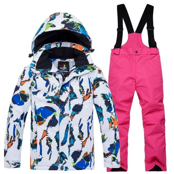 SGFCWSX Kids Ski Jacket and Suspender Pants Set Boys Girls Colorful Print Waterproof 2 Piece Windproof Snow Suit with Hood for Boys Girls Winter Outdoor Skiing Snowboarding Hot Pink Size 8-10 Years