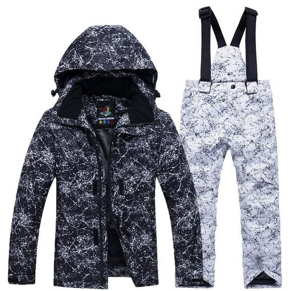 SGFCWSX Kids Ski Jacket and Suspender Pants Set Boys Girls Print Windproof Waterproof 2 Piece Snow Suit with Hood for Boys Girls Winter Outdoor Skiing Snowboarding White Size 10-12 Years