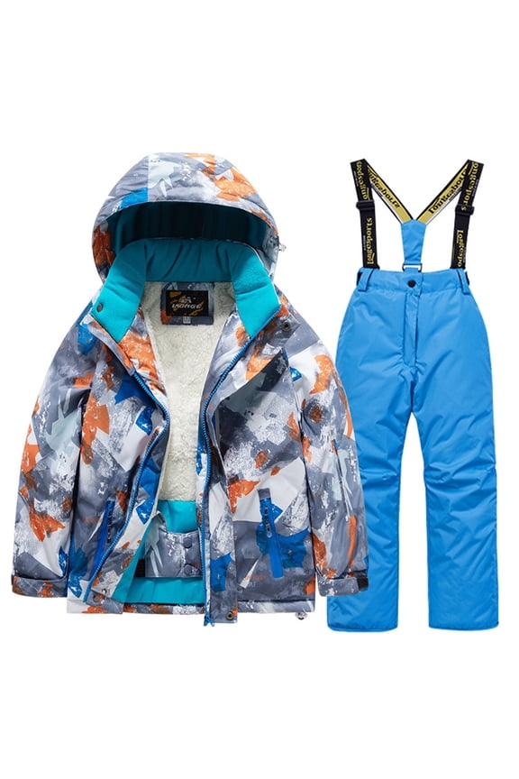 Kids Ski Jacket and Suspender Pants Set Camouflage Print 2 Piece Windproof Waterproof Snow Suit with Hood for Boys Girls Winter Outdoor Skiing Snowboarding Blue Size 3-4 Years